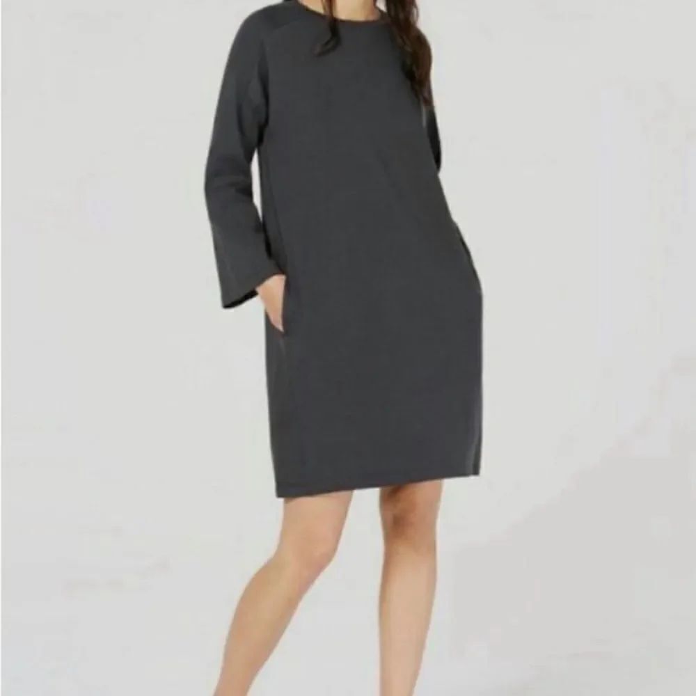 Eileen Fisher Cotton Stretch Jersey Round Neck Dress Pockets Gray